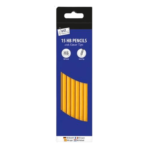 Just Stationery HB Pencils with Eraser Tips, 15 Pack