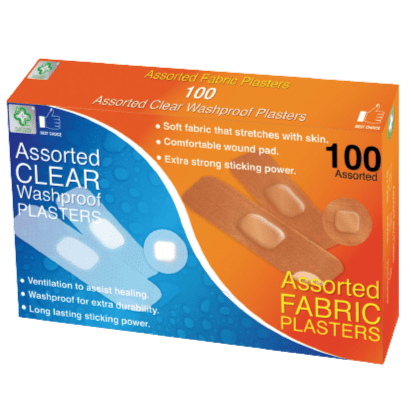 A&E Assorted Fabric & Clear Washproof Plasters, 100 Pack