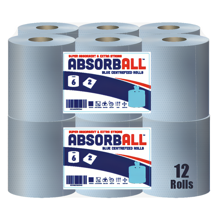 Absorb All Blue Embossed Centrefeed Cleaning Rolls 45m, 12 Rolls