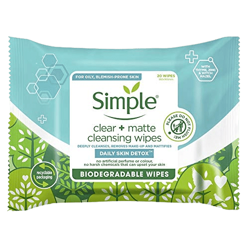 Simple Clear + Matte Biodegradable Cleansing Wipes, Pack of 20