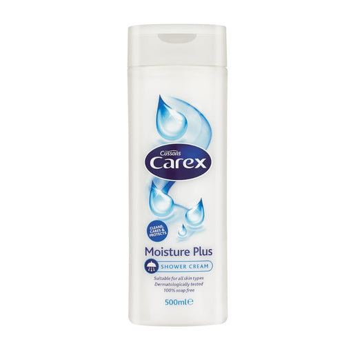 Carex Moisture Plus Shower Gel bottle for dry skin with extra moisturising formula