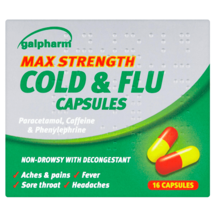 Cold and flu relief capsules with paracetamol caffeine and phenylephrine for nasal congestion UK