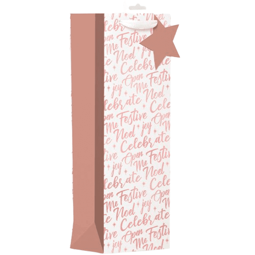 Christmas Bottle Tall Rose-Gold Text Gift Bag