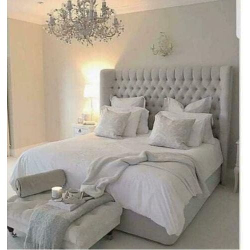 Carter Chesterfield Wingback Bed Frame with Ottoman Box – Grey Plush Velvet