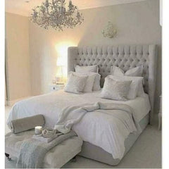 Carter Chesterfield Wingback Bed Frame with Ottoman Box – Grey Plush Velvet