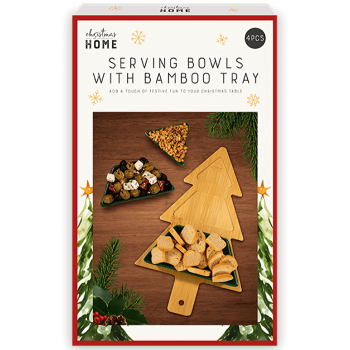 Christmas tree bamboo serving tray with three ceramic bowls