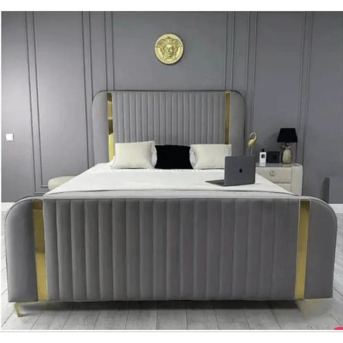 Curved Gold Plated Panel Bed Frame, Grey Crush Velvet