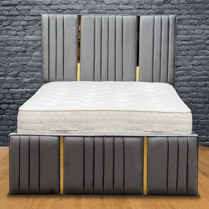 Elegant Line Design Gold Plated Bed Frame, Steel Plush Velvet