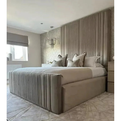 High Headboard Upholstered Bed Frame with Designer Wall Panel