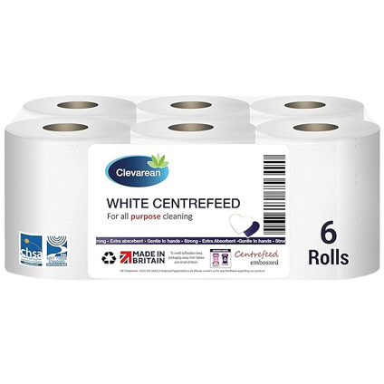Clevarean White Centrefeed Paper Kitchen Tissue, 6 Rolls