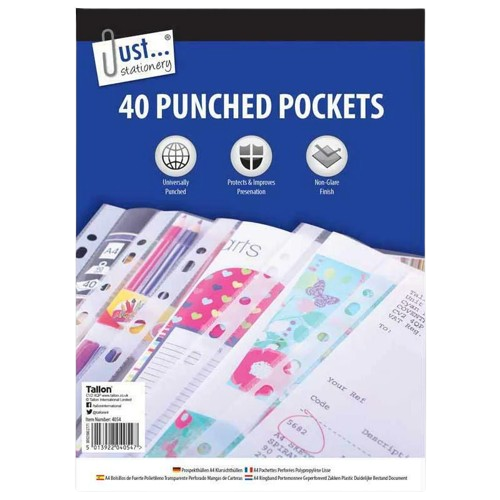 A4 Clear Plastic Punched Pockets, 40 Pack