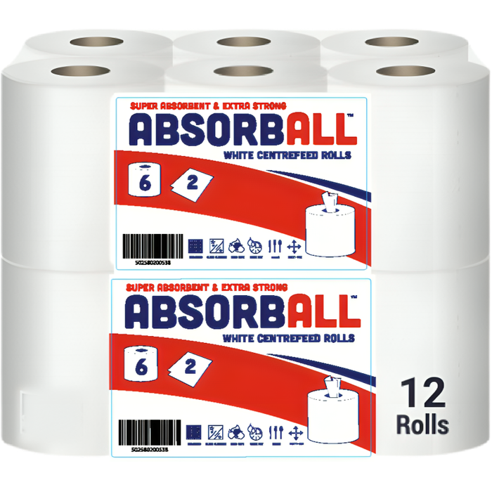 Absorb All White Embossed Centrefeed Cleaning Rolls 45m, 12 Rolls