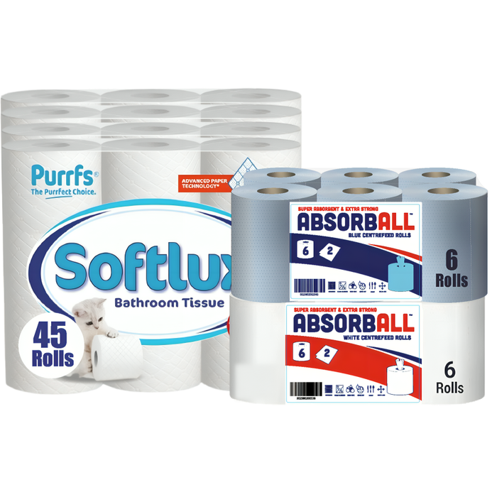 Softlux 3Ply Toilet Tissue 45 Rolls + 6 Rolls 2Ply Embossed Centrefeed 45m (Colour Options)