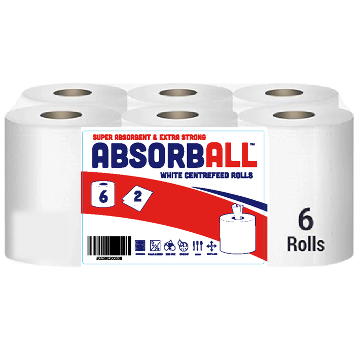 Absorb All White Embossed Centrefeed Cleaning Rolls 45m, 6 Rolls