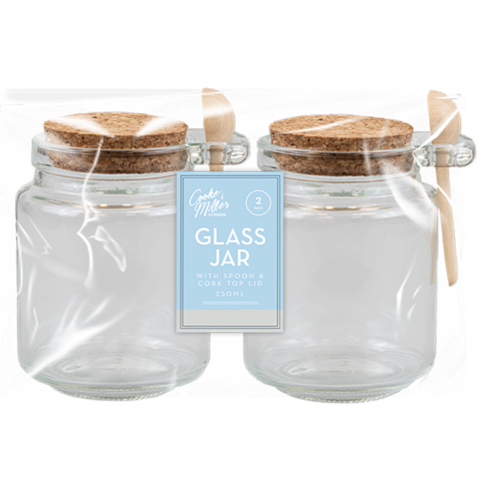 Glass Storage Jar with Cork Top & Spoon 250ml, 2 Pack