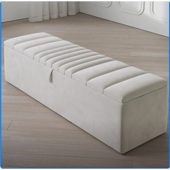 Ottoman Storage Box With LINE Design, Cream Velvet