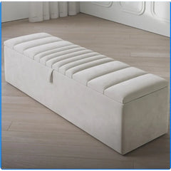 Ottoman Storage Box with Line Design – Cream Velvet