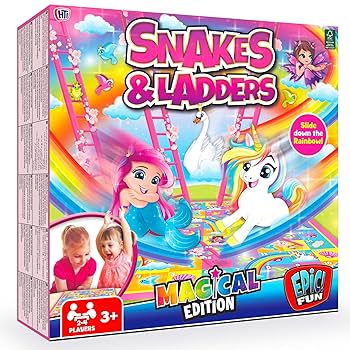 Magical Snakes and Ladders board game for kids with colourful playing pieces