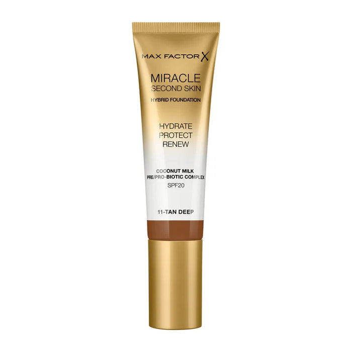 Max Factor Miracle Second Skin Hydrating Foundation 11 Tan Deep bottle