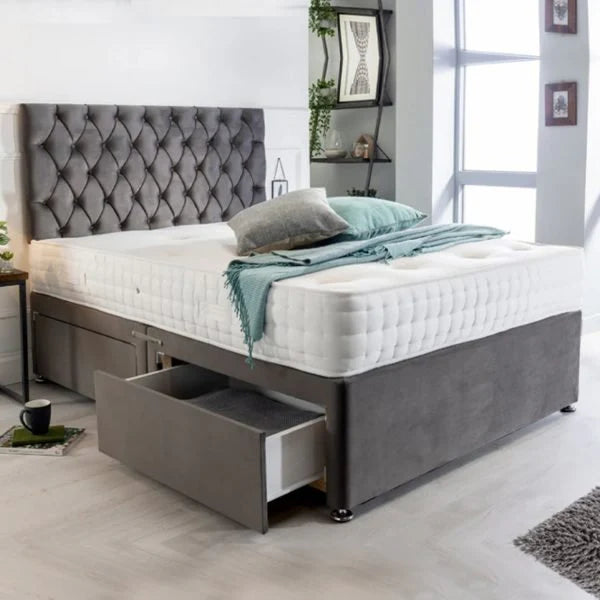 Suede Divan Set with 4 Drawers and Orthopaedic Spring Mattress, Damask Sierra Shark Grey