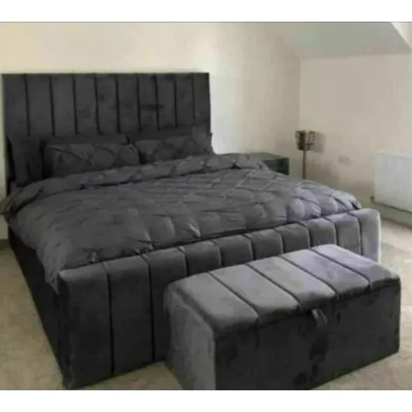Panel Design Bed Frame With Matching Ottoman Box Upholstered Black Plush Velvet