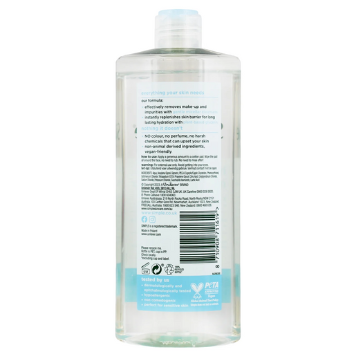 Simple Water Boost Micellar Cleansing Water 400ml for sensitive skin BACK