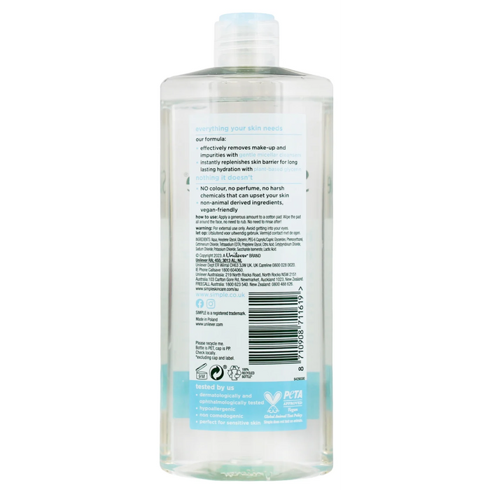 Simple Water Boost Micellar Cleansing Water 400ml for sensitive skin BACK