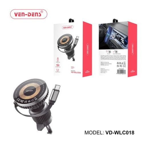 Ven-Dens 15W magnetic wireless car charger with MagSafe holder and retractable USB-C cable