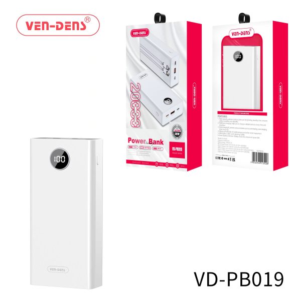 Ven-Dens 20,000mAh power bank with built-in USB-C and Lightning cables