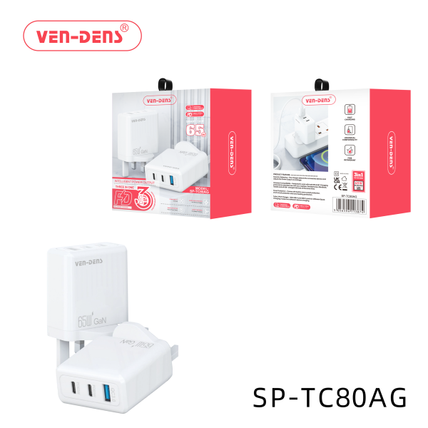 Ven Dens 3 In 1 65W Super Fast Charger With USB-A And Dual USB-C Ports