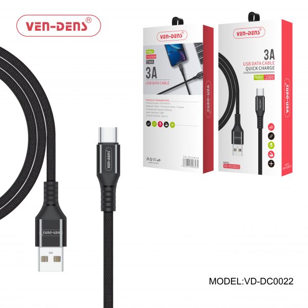 Ven-Dens USB Type-A to Type-C nylon braided charging cable 1.5 metre