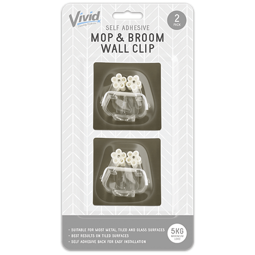 Vivid mop and broom wall clips with self adhesive back for organised storage