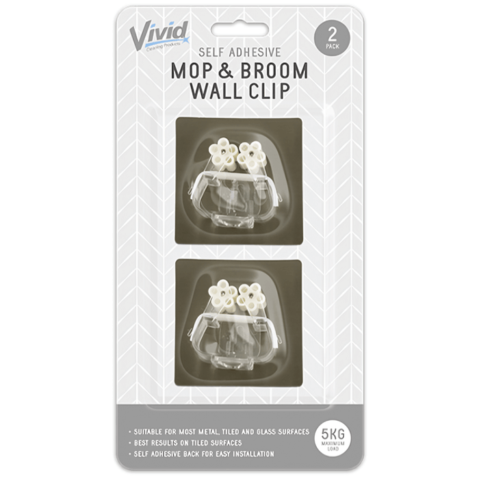Vivid mop and broom wall clips with self adhesive back for organised storage