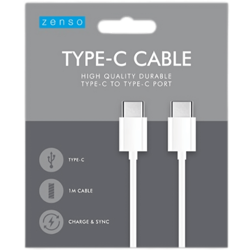 Zenso white type c to type c charging cable 1 metre for fast charging and data transfer