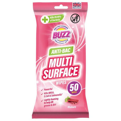Buzz Antibacterial Surface Wipes Rhubarb 50 Pack